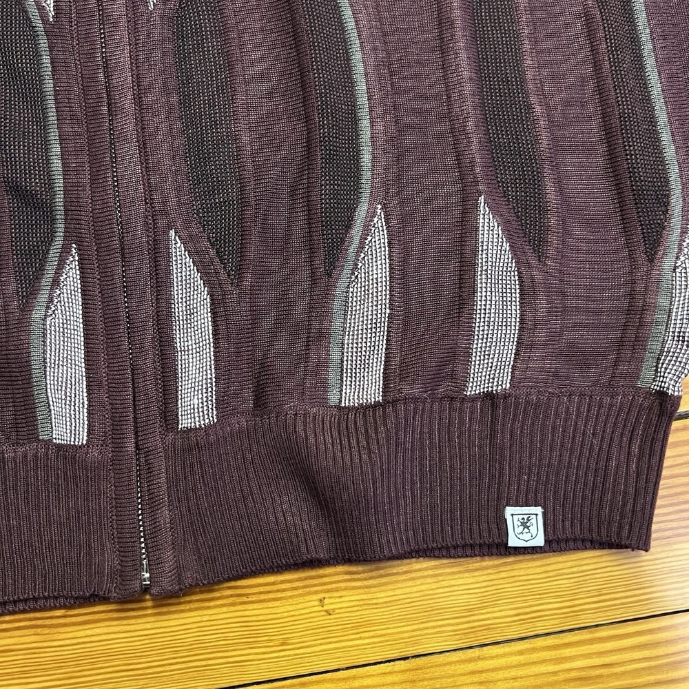Stacy Adams Mens Knit Full Zip Sweater XL Maroon Geometric - Picture 2 of 9